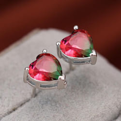 Cute Small Love Heart Cut Tourmaline Stud Earrings For Women Luxury Rose Gold Color Heart Earrings Wedding Party Jewelry - red,green