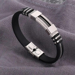 Fashion Stainless Steel Bracelets Wrist Band Black Silicone Punk Wristband Casual Bangles - Silver