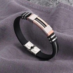 Fashion Stainless Steel Bracelets Wrist Band Black Silicone Punk Wristband Casual Bangles - Rose Gold