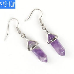 European And American Popular Classic Earrings Natural Crystal Semi Gem Pendant In Hexagonal Prism Bullet Head Earrings - amethyst