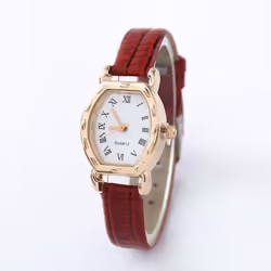 Vintage Simple Women Quartz Watches Clock Retro Fashion Solid Color Faux Leather Thin Band Belt Strap Wrist Watch - red