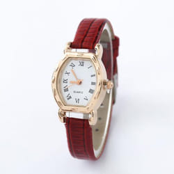Vintage Simple Women Quartz Watches Clock Retro Fashion Solid Color Faux Leather Thin Band Belt Strap Wrist Watch - red
