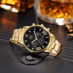 Men&apos;s Stainless Steel Quartz Watch With Date Display - golden,black