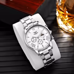 Men's Stainless Steel Quartz Watch With Date Display - white
