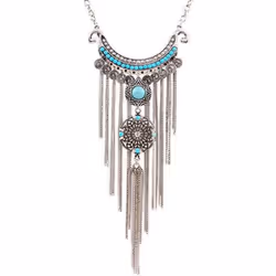 Boho Women Turquoise Multi Tassel Sequins Statement Pendant Necklace