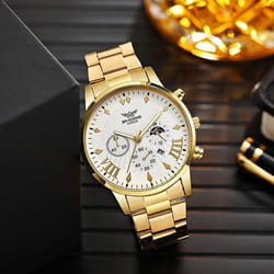 Men&apos;s Stainless Steel Quartz Watch With Date Display - gold,white