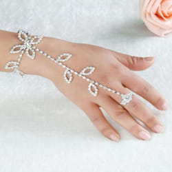 Crystal Rhinestone Leaf Hand Harness Bracelet Slave Chain Link Foot Finger Ring