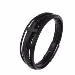 Charm Jewelry Handmade Weave Leather Cross Bracelet Men - black