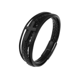 Charm Jewelry Handmade Weave Leather Cross Bracelet Men - black