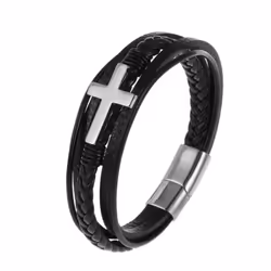 Charm Jewelry Handmade Weave Leather Cross Bracelet Men - black