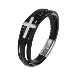 Charm Jewelry Handmade Weave Leather Cross Bracelet Men - silver
