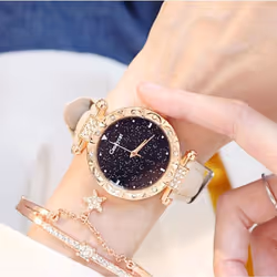 Fashion Ladies Leather Strap Quartz Watch Starry Dial - Beige+Braçolet