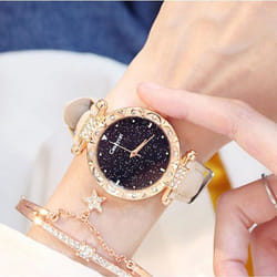 Fashion Ladies Leather Strap Quartz Watch Starry Dial - Beige+BraÃ§olet