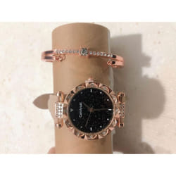 Fashion Ladies Leather Strap Quartz Watch Starry Dial - Gray + pulseira