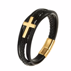 Charm Jewelry Handmade Weave Leather Cross Bracelet Men - gold