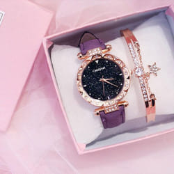 Fashion Ladies Leather Strap Quartz Watch Starry Dial - purple+Braceleta