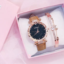 Fashion Ladies Leather Strap Quartz Watch Starry Dial - Brown+braÃ§olet