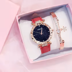 Fashion Ladies Leather Strap Quartz Watch Starry Dial - Brown+braÃ§olet