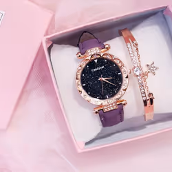 Fashion Ladies Leather Strap Quartz Watch Starry Dial - Brown+braÃ§olet
