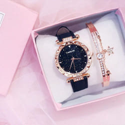 Fashion Ladies Leather Strap Quartz Watch Starry Dial - black+braceleta