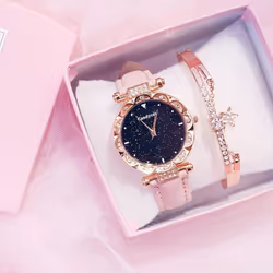 Fashion Ladies Leather Strap Quartz Watch Starry Dial - Red+braÃ§olet