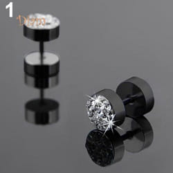 Sp 2 Pcs Men Barbell Punk Stainless Steel Crystal Stone Ear Stud Earrings Jewelry Trinket - black