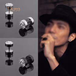 Sp 2 Pcs Men Barbell Punk Stainless Steel Crystal Stone Ear Stud Earrings Jewelry Trinket - black