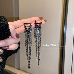 Silver Needle Triangle Inlaid Rhinestone Tassel Earrings Fashion Bright Elegant Temperament Ladies Light Luxury Long Earrings - black