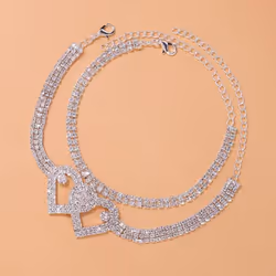 2pcs Fashion Double Heart Anklet Crystal Bracelet For Women Summer Beach Multi Row Rhinestone Anklet Bracelet On Leg - gold