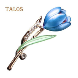 Fashion Lady Tulip Brooch Crystal Stone Decor Flower Pin Elegant Suit Breastpin Decoration - blue