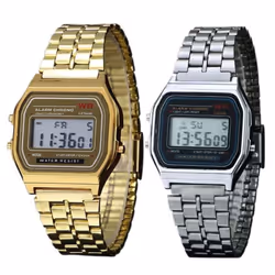 Fashion Men&apos;s Women&apos;s Stainless Steel Top Digital Alarm Stopwatch Watches - golden