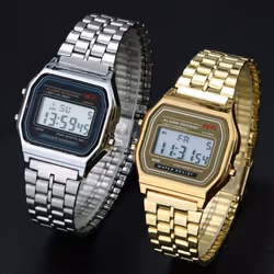 Fashion Men&apos;s Women&apos;s Stainless Steel Top Digital Alarm Stopwatch Watches - golden