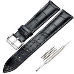 16 - 24mm Black Brown Genuine Leather Watch Band Strap Belt Stainless Steel Pin Clasp - black, 20mm