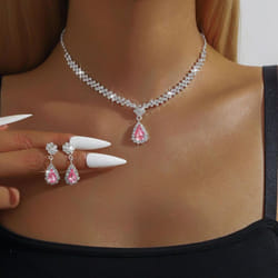 Luxury Bridal Jewelry Set: Women&apos;s Earrings, Necklace, And Bracelet Trio - pink, two-piece set