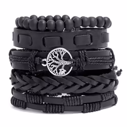 Jewelry Personality Hand-woven Retro Bracelet Creative Leather Bracelet Diy 5-piece Set Of Tree Of Life Set Bracelet - black