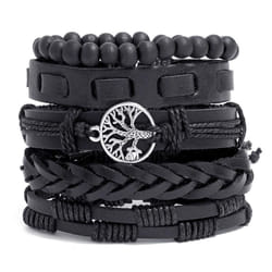 Jewelry Personality Hand-woven Retro Bracelet Creative Leather Bracelet Diy 5-piece Set Of Tree Of Life Set Bracelet - black