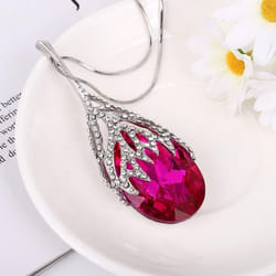 Women Lady Waterdrop Shaped Crystal Pendant Necklace Sweater Chain Jewelry Clothing Accessories - red