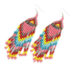 Women Bohemian Long Beaded Tassel Drop Dangle Hook Earrings Party Jewelry Gift - pink