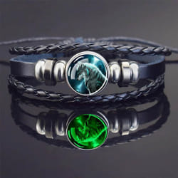Glow In The Dark Wolf Head Bracelets Howling Wolf And Moon Multilayer Braided Leather Bracelet Man Glass Dome Luminous Jewelry