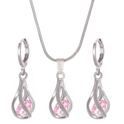 Women&apos;s Retro Zircon Crystal Jewelry Set - European & American Design, Rotating Teardrop Necklace & Earrings Trend - pink, 6530