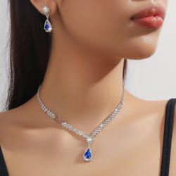 Luxury Bridal Jewelry Set: Women&apos;s Earrings, Necklace, And Bracelet Trio - blue, two-piece set