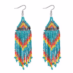 Women Bohemian Long Beaded Tassel Drop Dangle Hook Earrings Party Jewelry Gift - blue