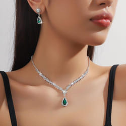 Luxury Bridal Jewelry Set: Women&apos;s Earrings, Necklace, And Bracelet Trio - green, two-piece set
