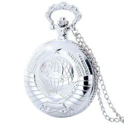 Men Pocket Watch Soviet Emblem Earth Sickle Hammer Communism Quartz Pocket Watch - silver