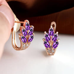 Fashion Women Rose Gold Color Leaf Ear Hook Earrings Marquise Cut Red Blue Purple Stone Pendant Earrings Jewelry Bridal Wedding Gift Accessor - purple