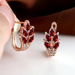 Fashion Women Rose Gold Color Leaf Ear Hook Earrings Marquise Cut Red Blue Purple Stone Pendant Earrings Jewelry Bridal Wedding Gift Accessories - red