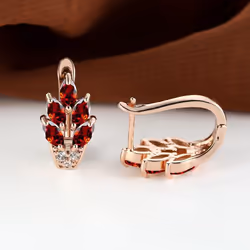 Fashion Women Rose Gold Color Leaf Ear Hook Earrings Marquise Cut Red Blue Purple Stone Pendant Earrings Jewelry Bridal Wedding Gift Accessories - red