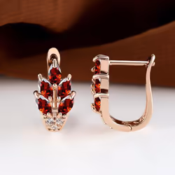 Fashion Women Rose Gold Color Leaf Ear Hook Earrings Marquise Cut Red Blue Purple Stone Pendant Earrings Jewelry Bridal Wedding Gift Accessories - red