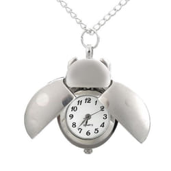 Cute Animal Beetle Pocket Watch Necklace Quartz Shellhard Ladybug Pendant With Chain - silver