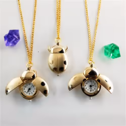 Cute Animal Beetle Pocket Watch Necklace Quartz Shellhard Ladybug Pendant With Chain - gold